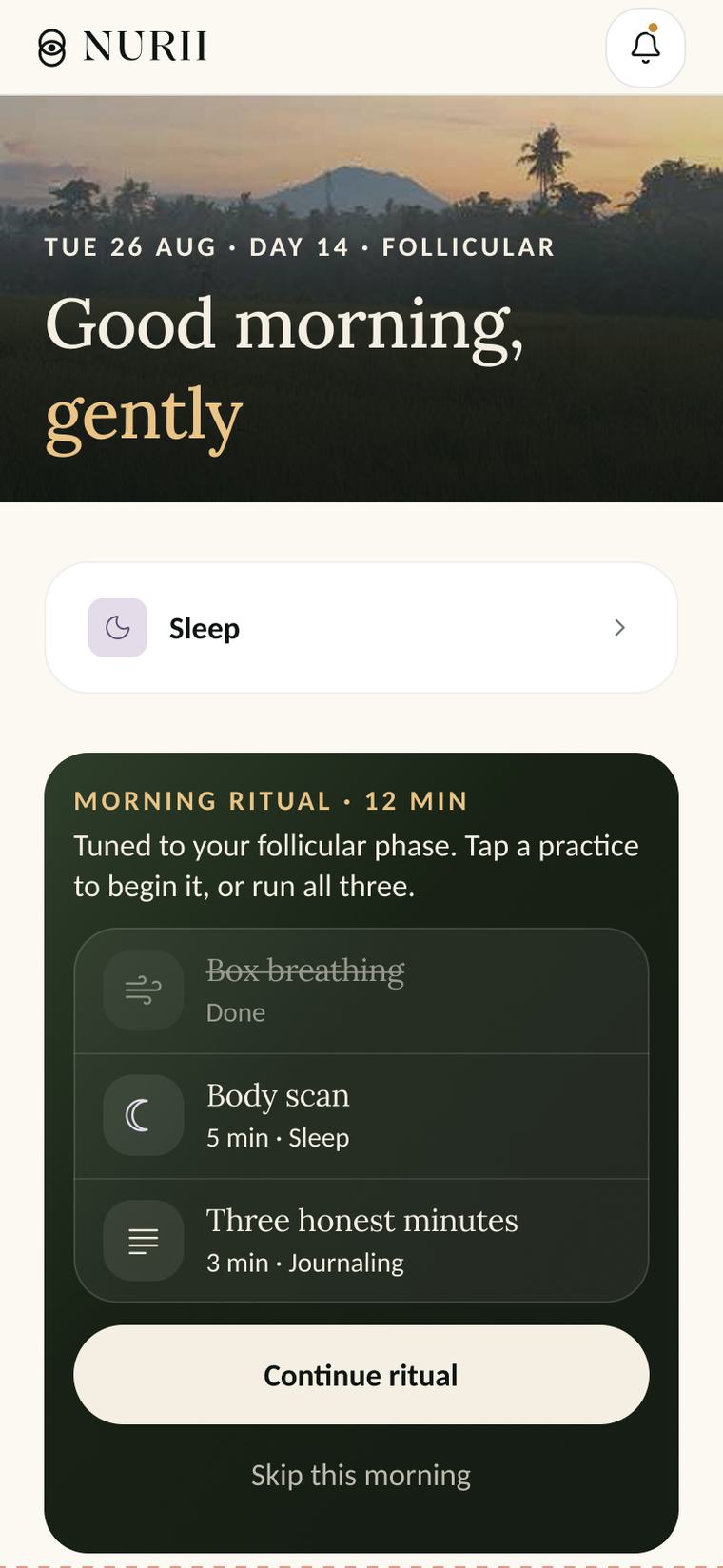 Nurii's Home screen: a greeting over a photograph, tomorrow's wake-up, and today's focus sequence.