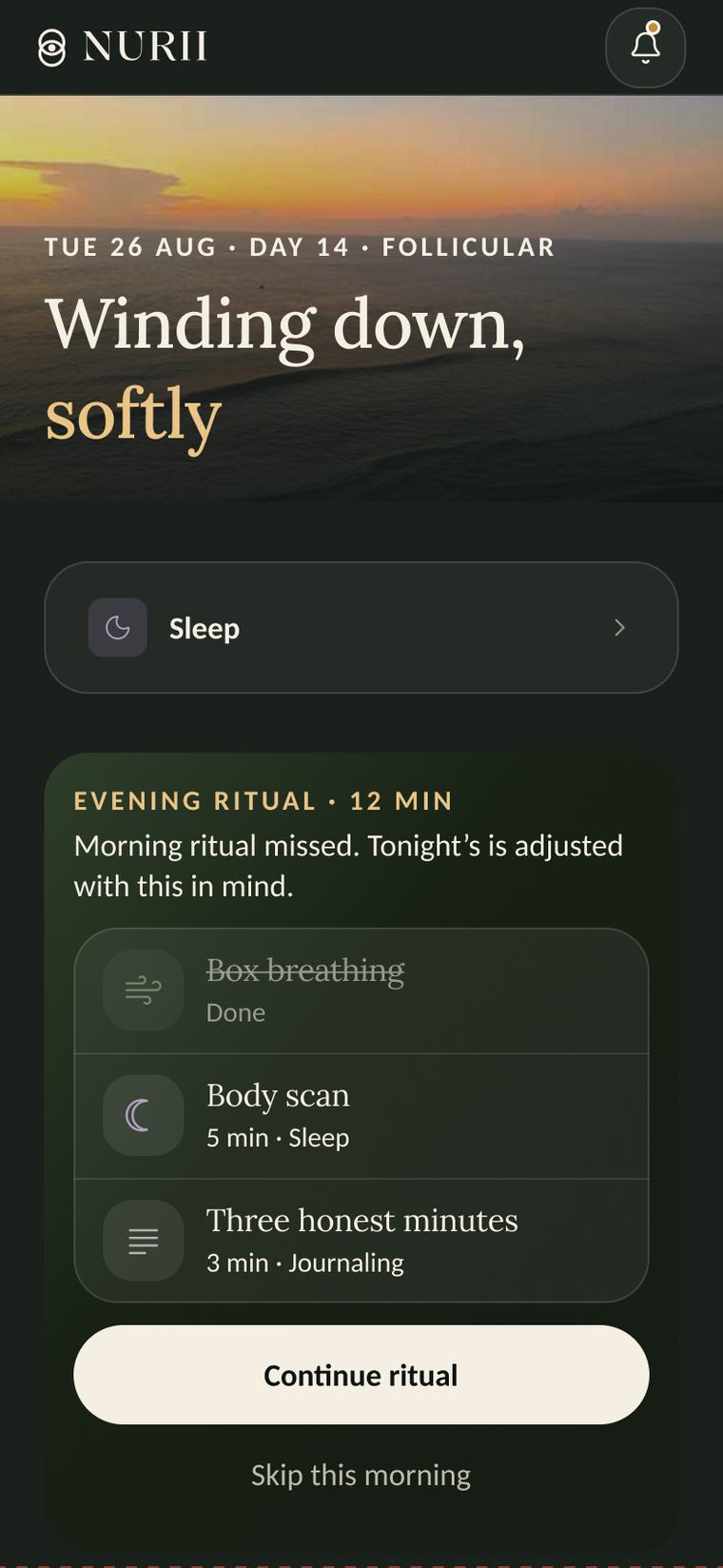 Nurii's Home screen in the evening: Winding down, softly. Morning ritual missed - tonight's is adjusted with this in mind.