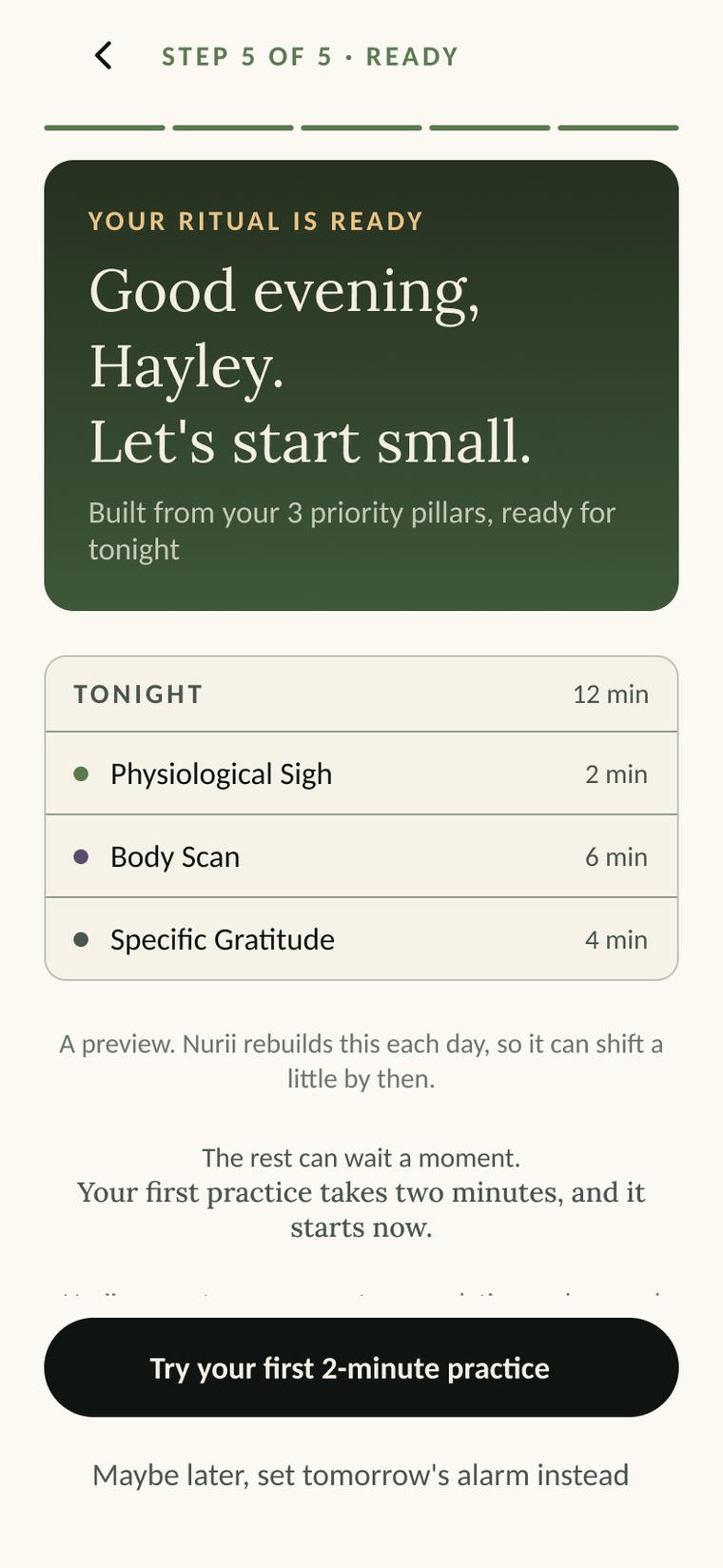 Onboarding: your ritual is ready, tonight's sequence built from your three priority pillars.