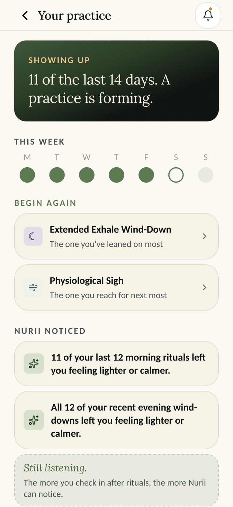 Nurii's Your practice screen: showing up 11 of the last 14 days, and what Nurii noticed.