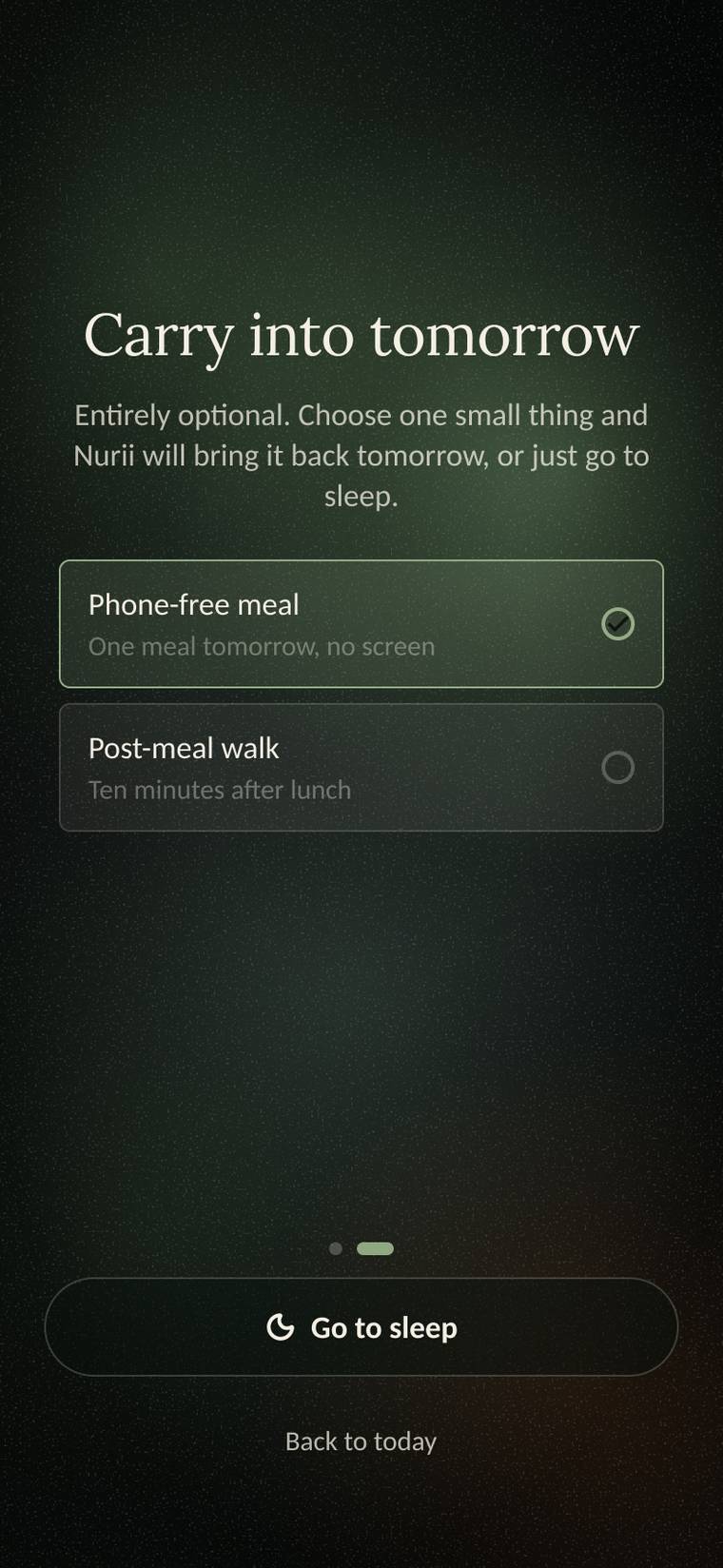 Carry into tomorrow: one optional small thing, or go straight to sleep.