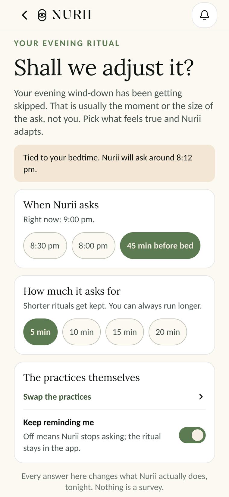 Nurii's ritual tuning screen: Shall we adjust it? Choose when Nurii asks, how much it asks for, or swap the practices.