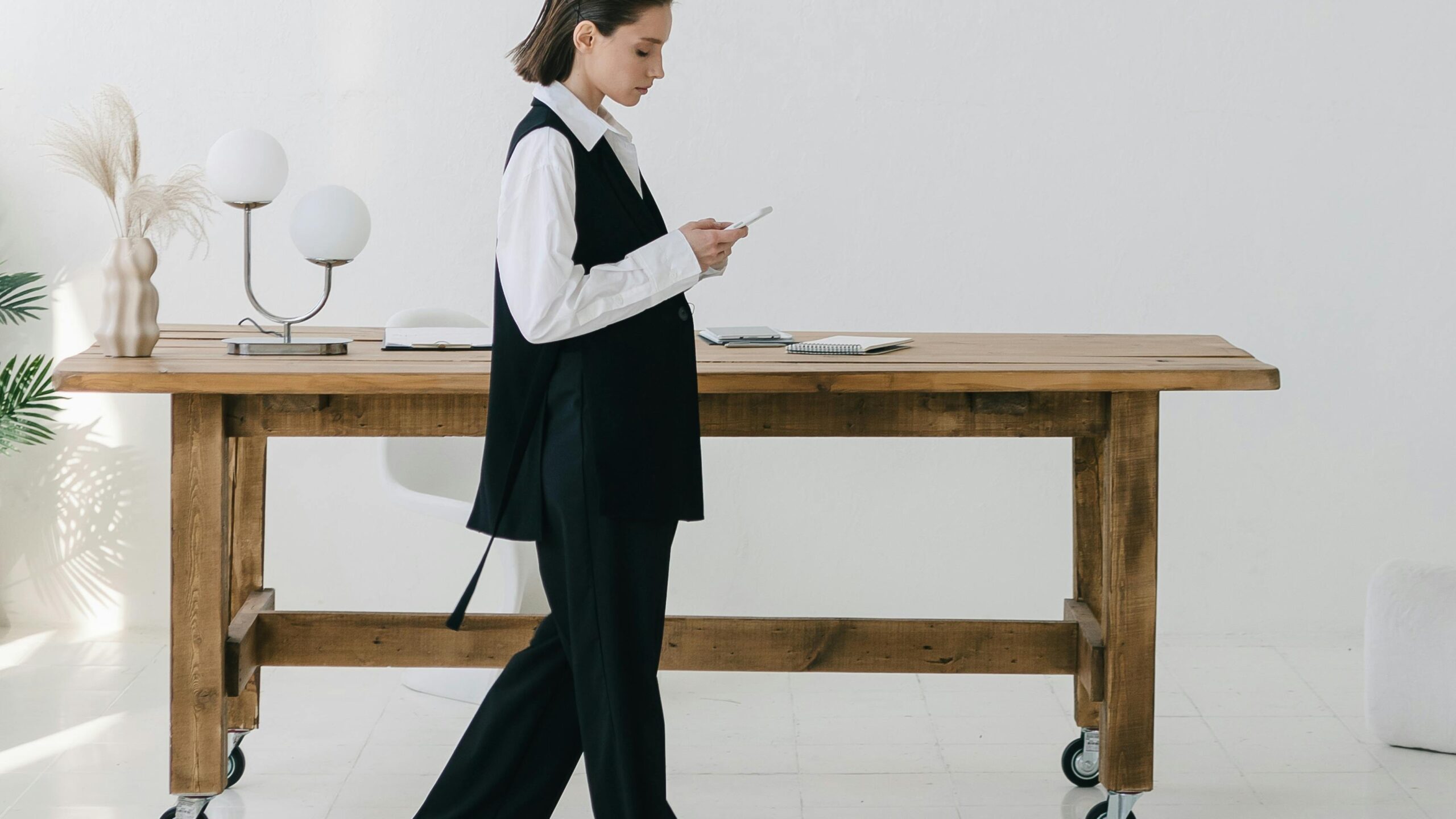 Woman at standing desk at home